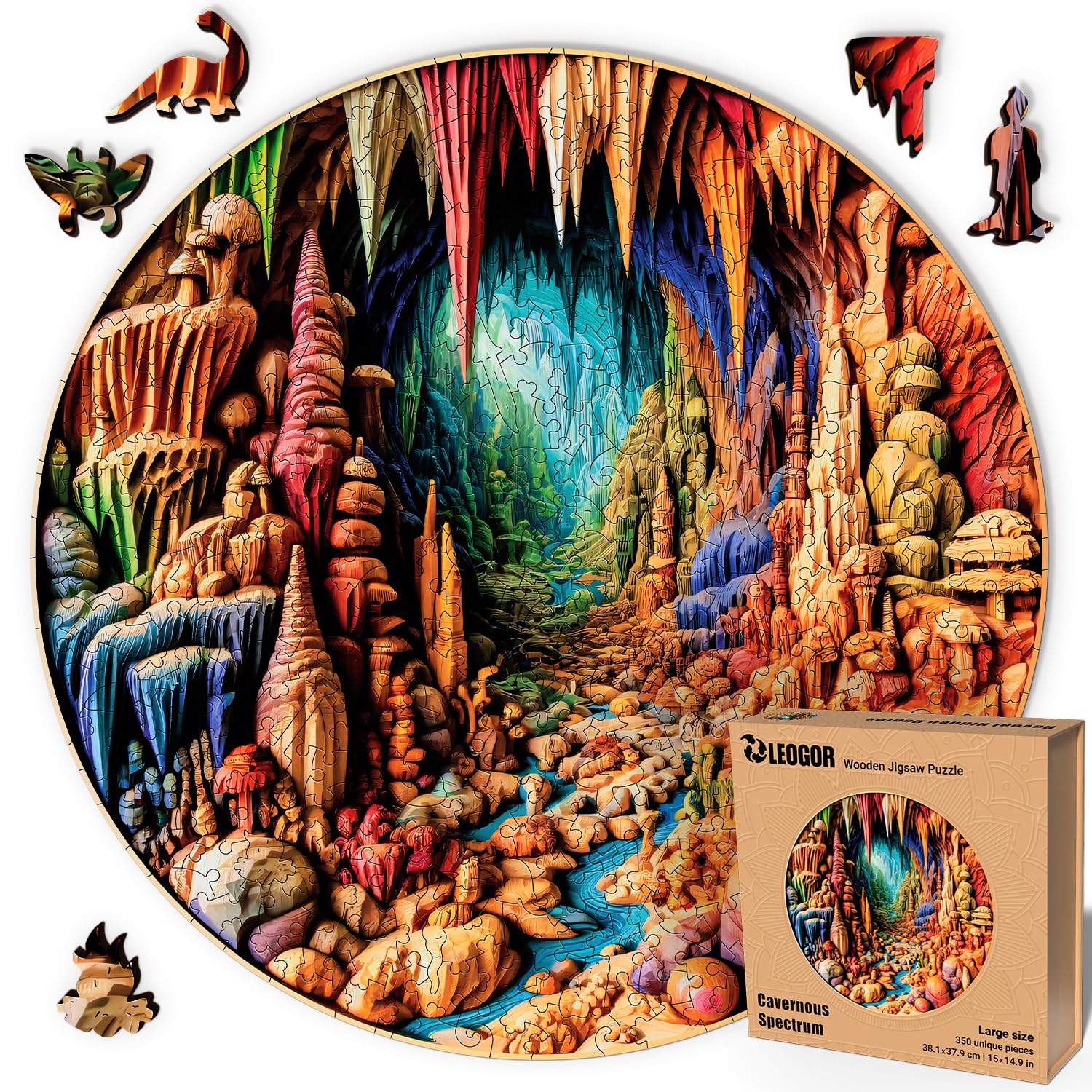 Cavernous Spectrum - 350 Piece Wooden Puzzles for mature-themeds - 15 x 14.9 in - Extra-Thick 5 mm Wood Puzzle  Hand-Shaped Pieces  Round Mosaic Design - enhanced Gift for Puzzle Lovers by LEOGOR