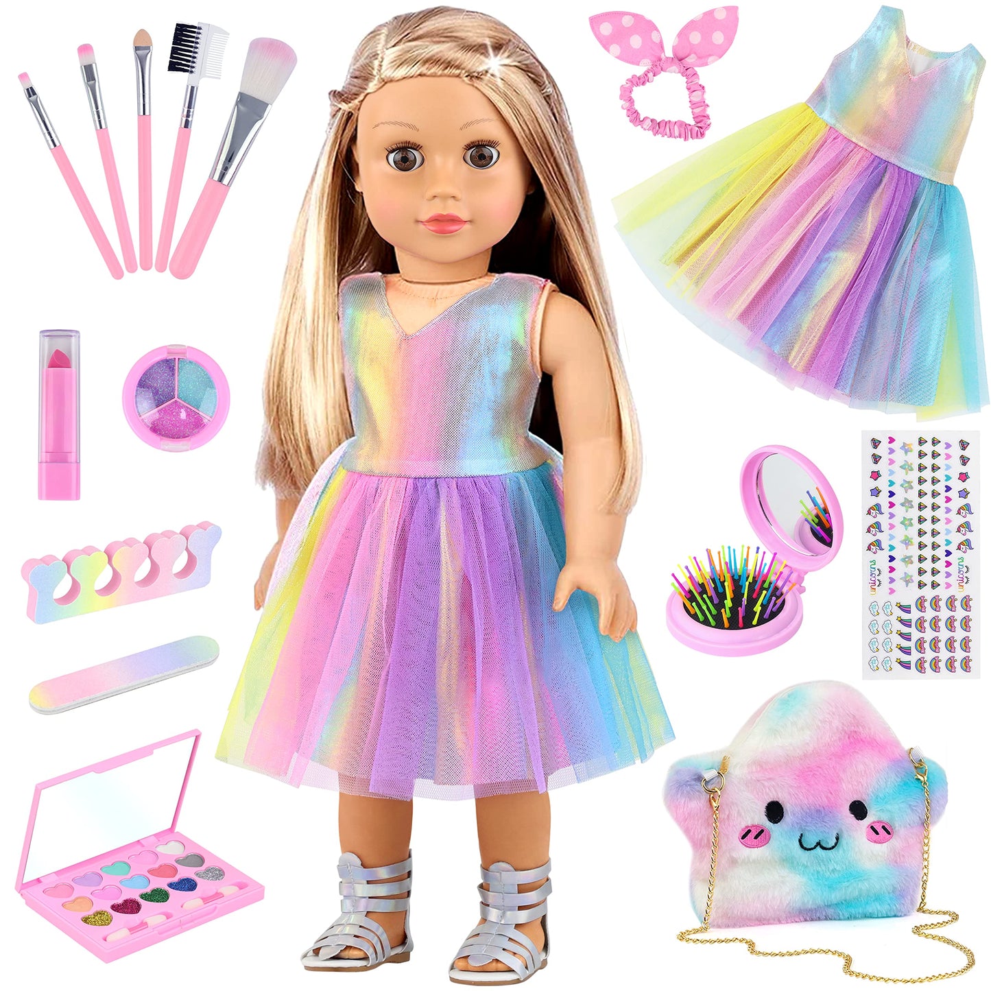 UNICORN ELEMENT 18 Inch Doll Accessories Set - 15 Pcs Dress & Makeup, Polyester, Model HZP-15, Perfect for Generation Dolls