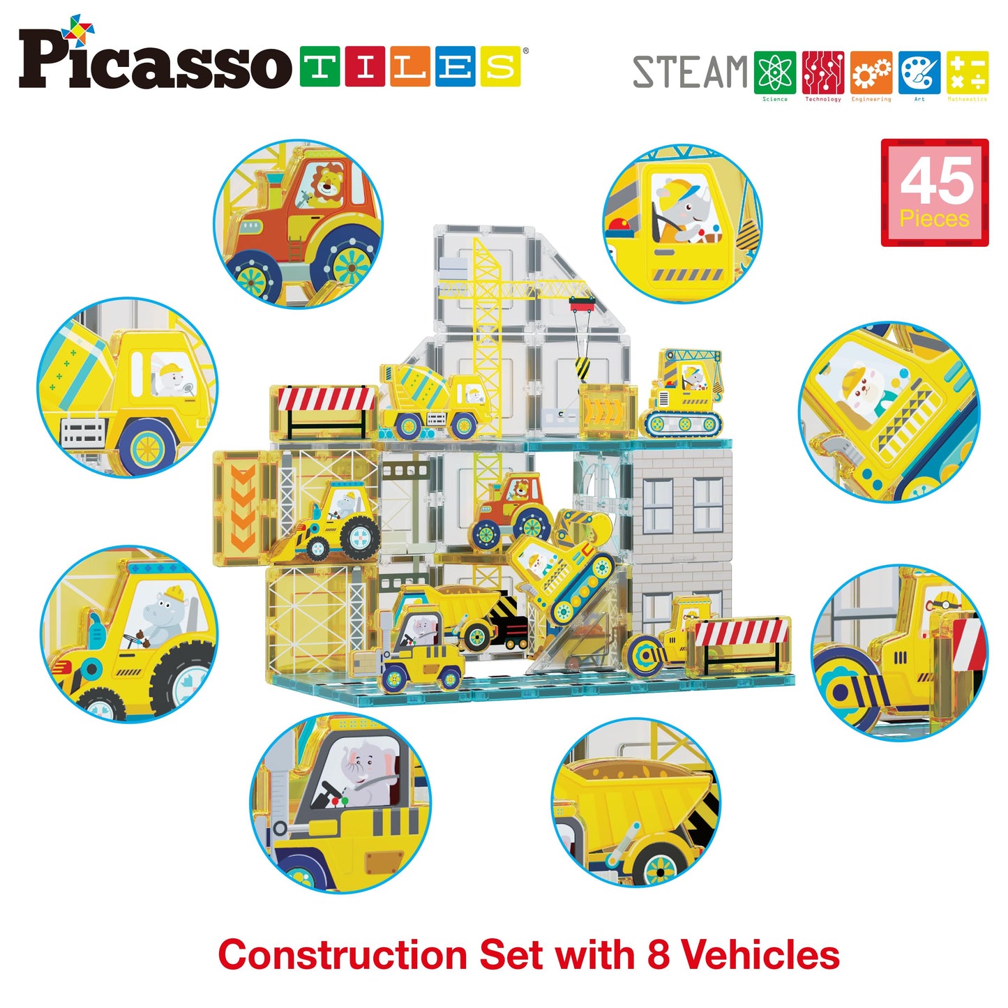 PicassoTiles Magnet Tiles Magnetic Building Blocks with 8 Construction Vehicles Crank Truck Excavator Bulldozer Road Roller Conc