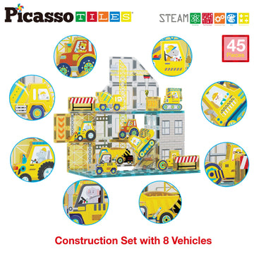 PicassoTiles Magnet Tiles Magnetic Building Blocks with 8 Construction Vehicles Crank Truck Excavator Bulldozer Road Roller Conc