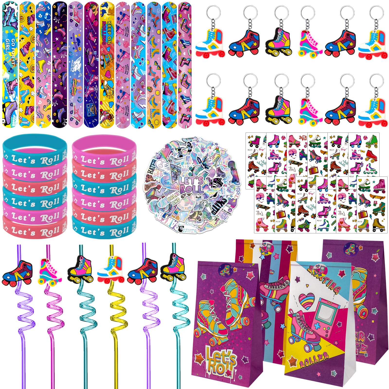Joyvorite 134 Pcs Roller Skate Party Favors Set with Straws Keychains Slap Bracelet Tattoo Roller Skate Stickers Wristbands Good