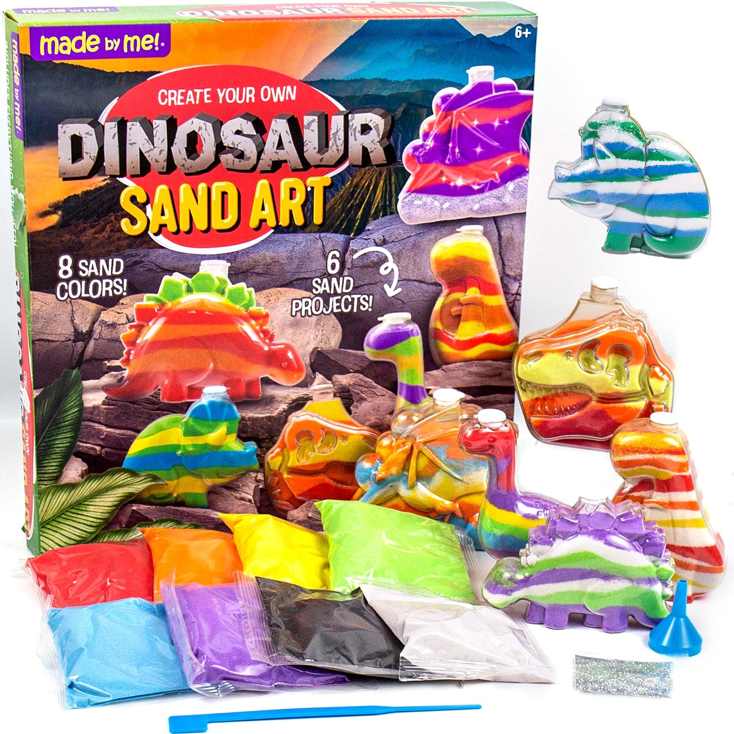 Made By Me Create Your Own Dinosaur Sand Art By Horizon Group Usa, Includes 6 Dino-Themed Bottles With Caps, 8 Sand Colors, Glitter, Funnel & More, Multi