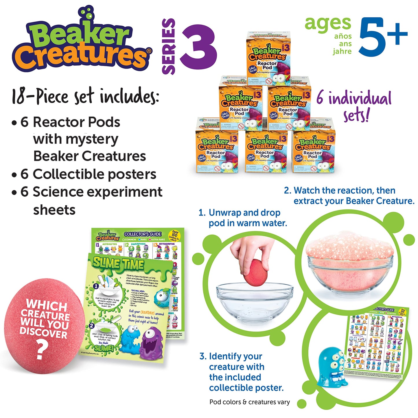 Learning Resources Beaker Creatures 6-Pack Pods - Multi-color STEM Toys for Kids, Ages 5+, Model LER3831