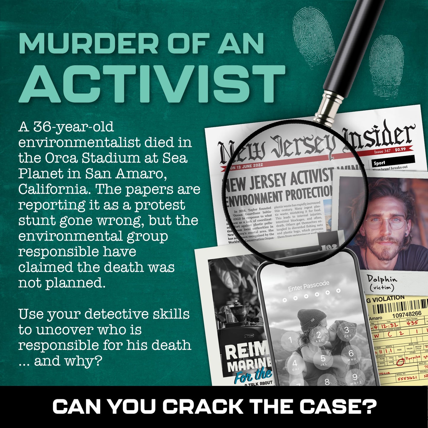 MMC Death of an Activist - Thrilling Murder Mystery Games for Adults at Sea Planet in California - 27 Evidence Pieces, 150 Min G