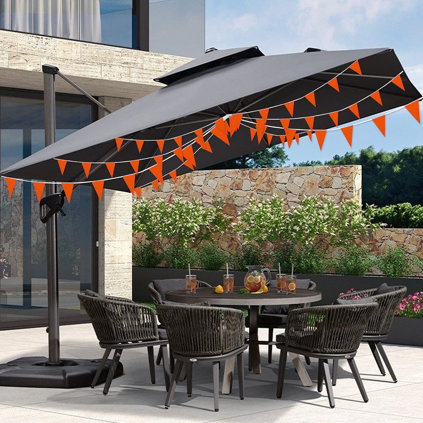 Consummate 100ft Orange Pennant Banners - 60PCS Plastic Triangle Flags for Parties, Grand Openings, Kids' Birthdays
