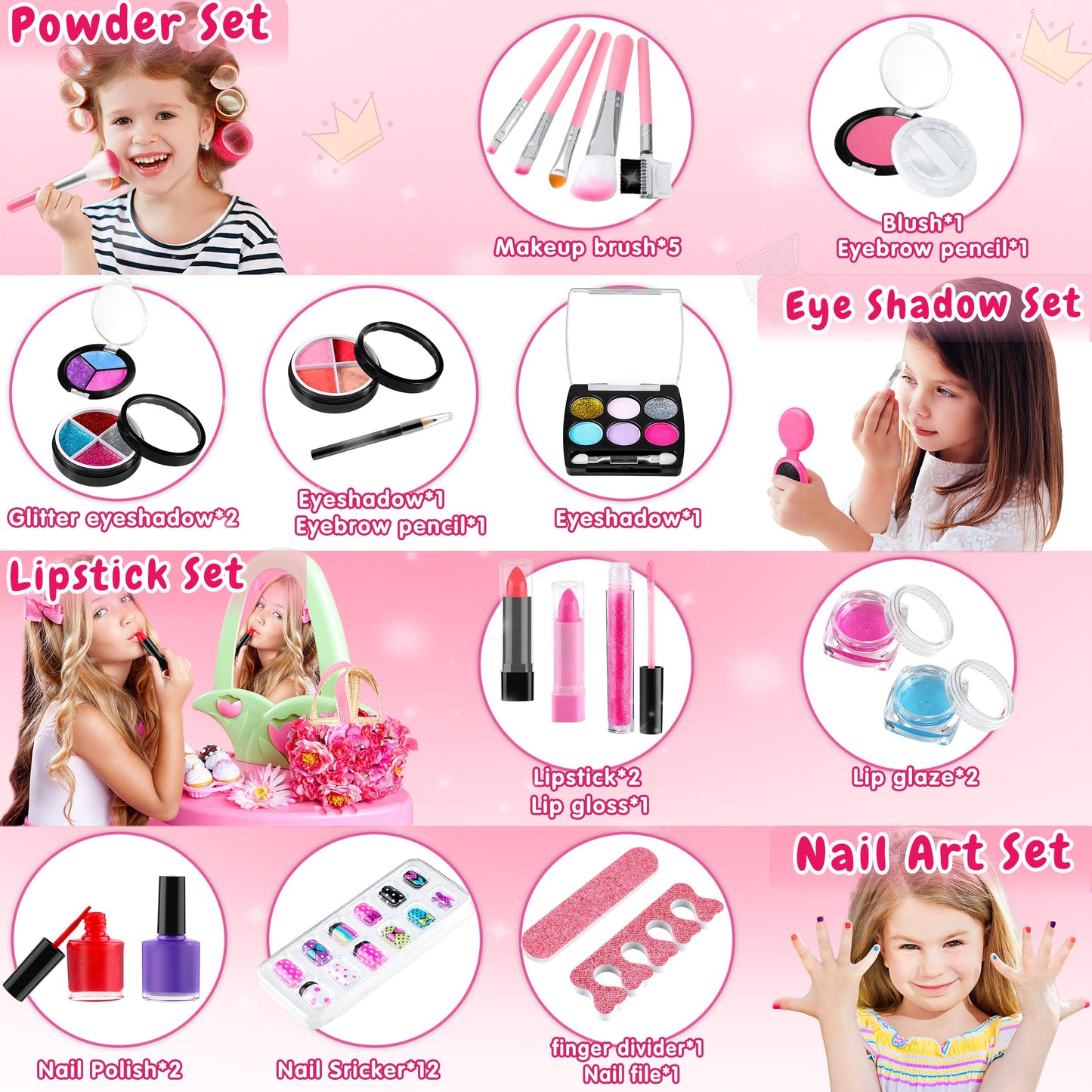 GIFTINBOX Kids Makeup kit for Girls, 25 PCS Real Makeup Set, Washable Makeup Set Toy with Cosmetic Case, Non-Toxic Little Girls