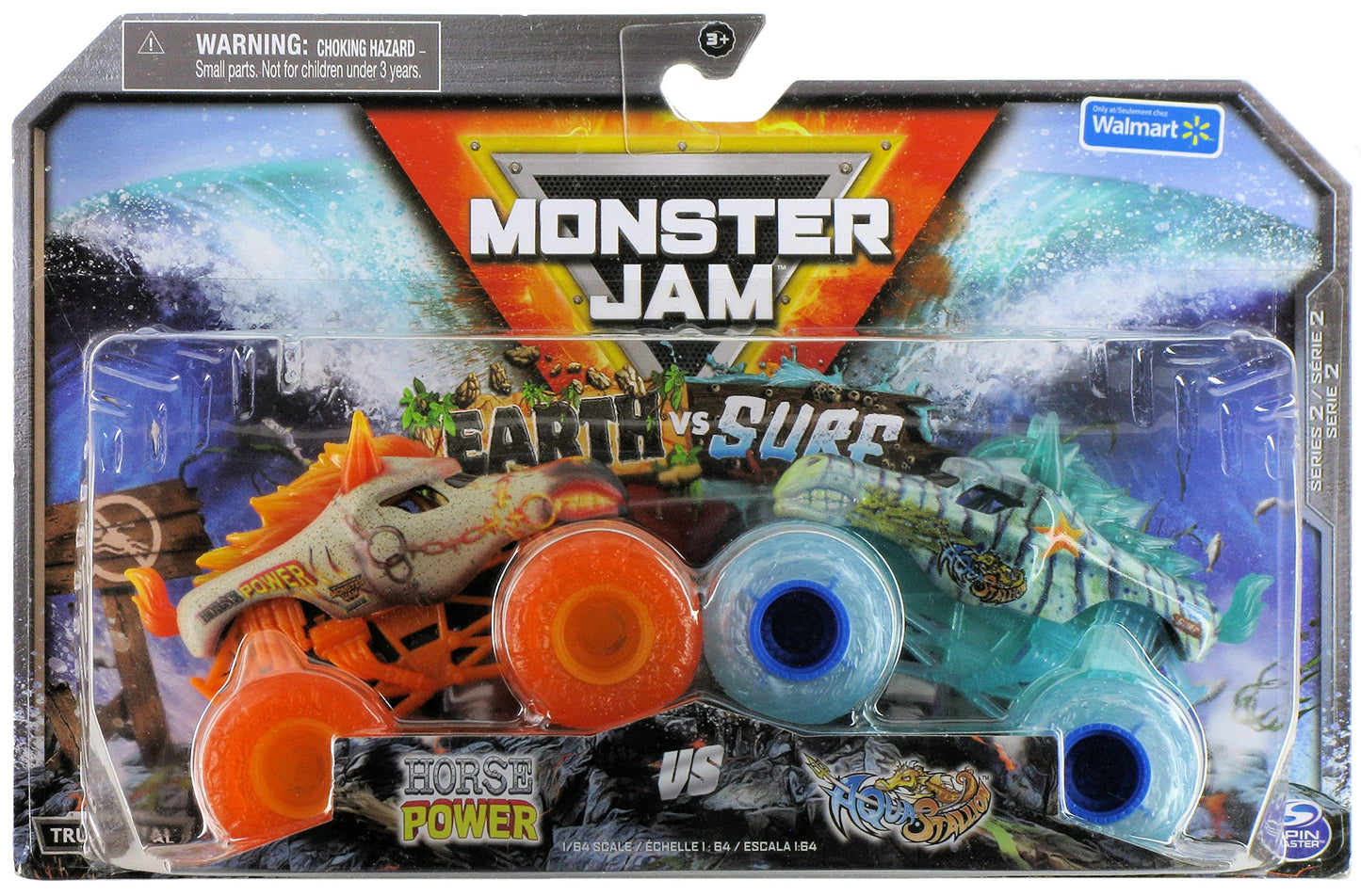 Monster Jam 1:64 Scale Double Pack - Horse Power & Aqua Stallion Trucks, Orange & Blue, 4 inches, Metal, Model 20138200