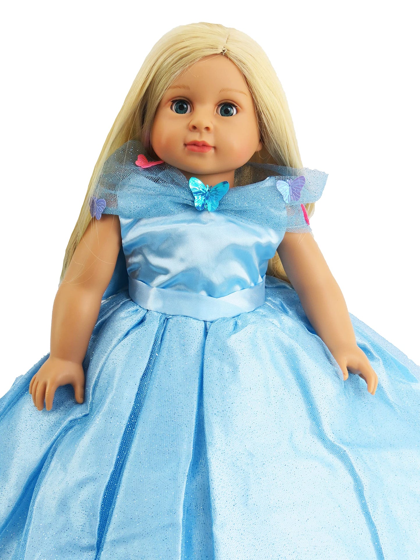 American Fashion World Blue Gown with Butterflies for 18-Inch Dolls | enhanced Quality & Trendy Design | Dolls Clothes | Outfit Fashions for Dolls for Popular Brands