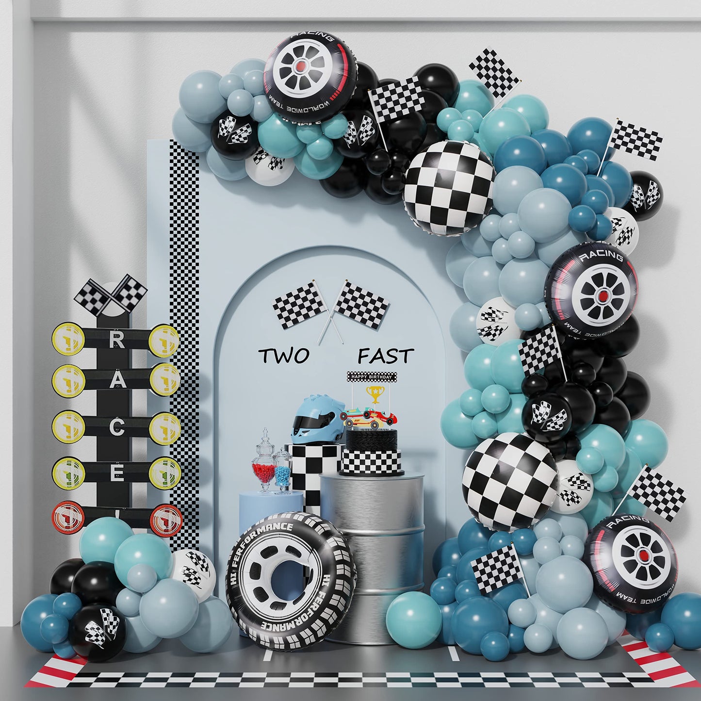 Eopelsm Race Car Balloon Garland Kit 166PCS, Dusty Blue & Black Latex, Checkered Foil, BQ-RCK, Perfect for Birthday Party Decorations