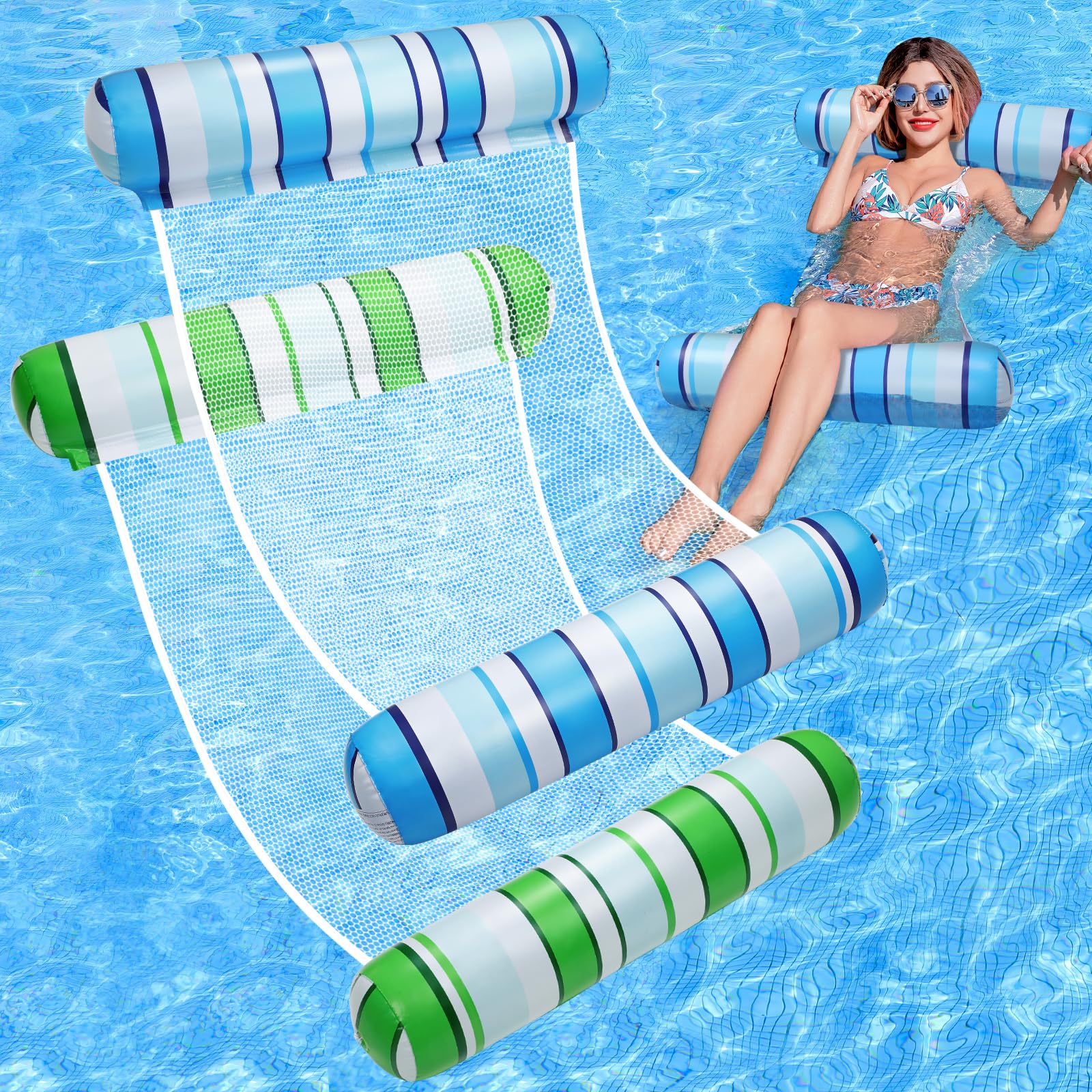 Pool Floats Adult, 2 Pack Inflatable Pool Floats, 4-in-1 Multi-Purpose Rafts Lounger Water Hammock for Swimming Pool, Thick PVC 
