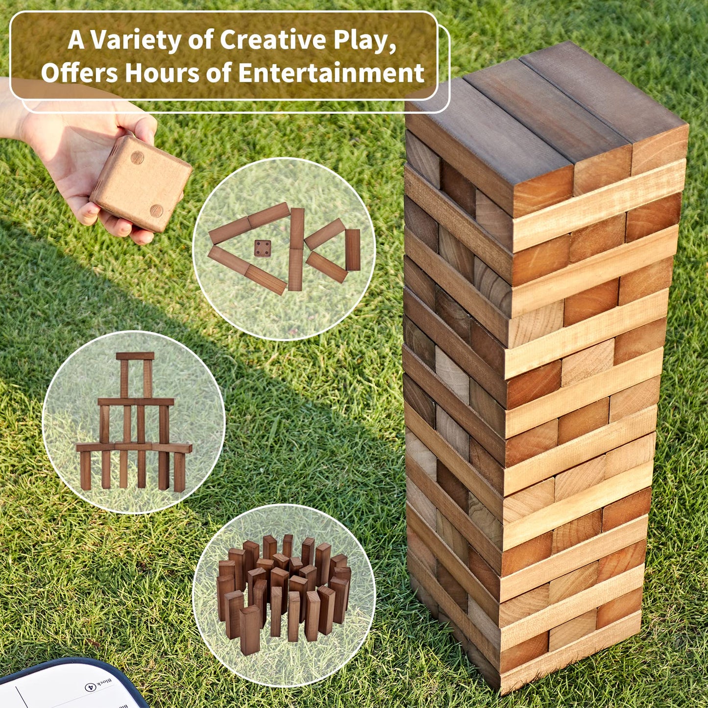 ApudArmis Giant Tumble Tower - 54 PCS Wooden Stacking Game, 4.2FT, Brown, Outdoor Fun for Teens and Adults
