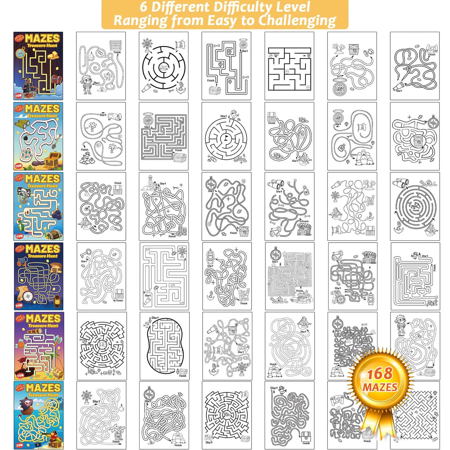 Wiooffen 168 Pages Treasure Hunt Maze Books For Kids Ages 3-8, 6-Pack- 6 Beginner Level Kids Activity Books Busy Books - Treasur