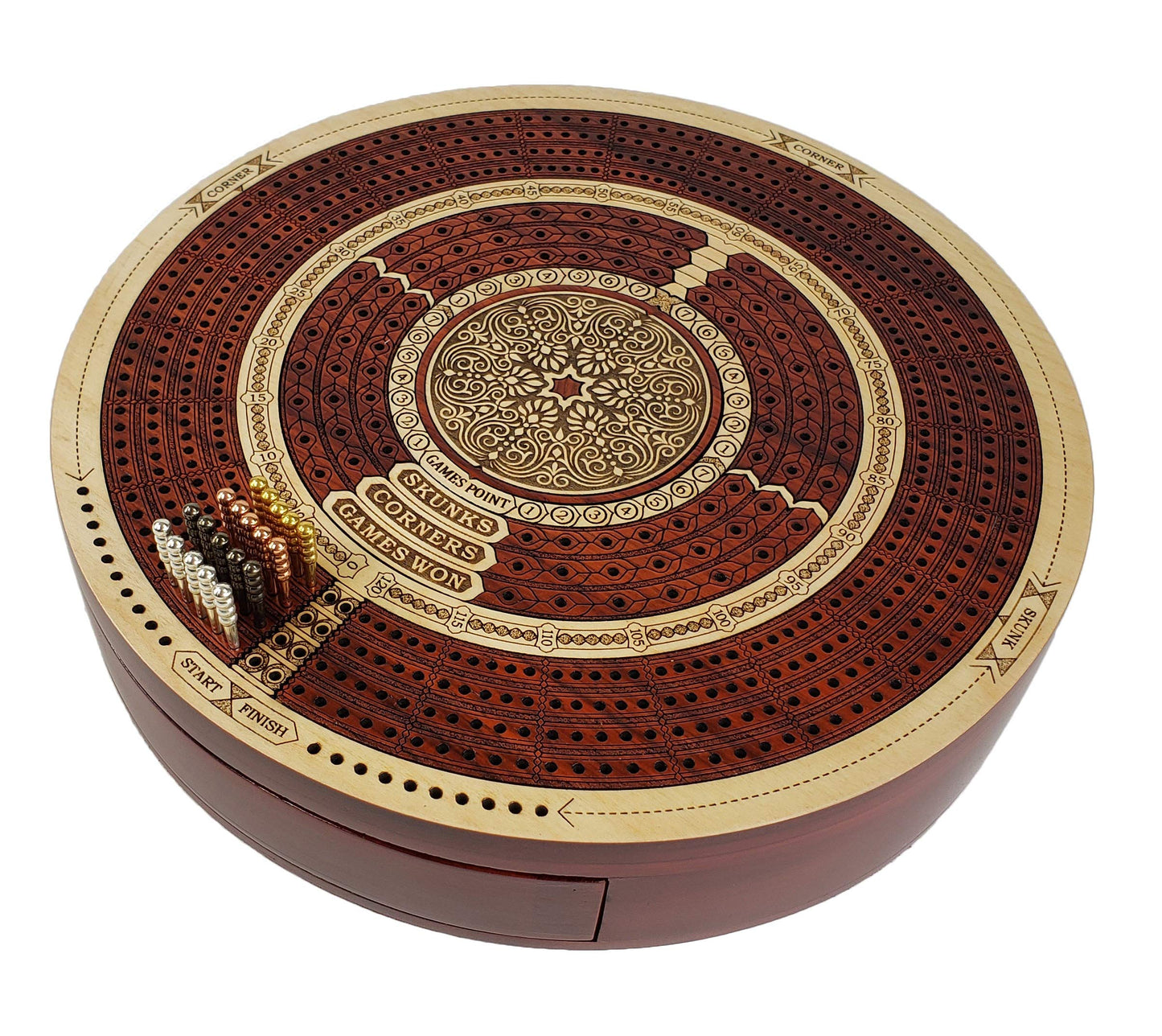 House of Cribbage Round 4 Track Cribbage Board - Bloodwood & White Maple, Card Storage Drawer, Model 80RND-09-WB-4T-120-DR.