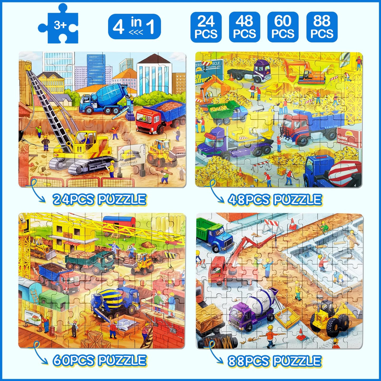 Wooden Puzzles For Kids Ages 4-8, Construction Sites Vehicles 4-In-1 Jigsaw Puzzles In A Wood Storage Box, 24 48 60 88 Pieces Co
