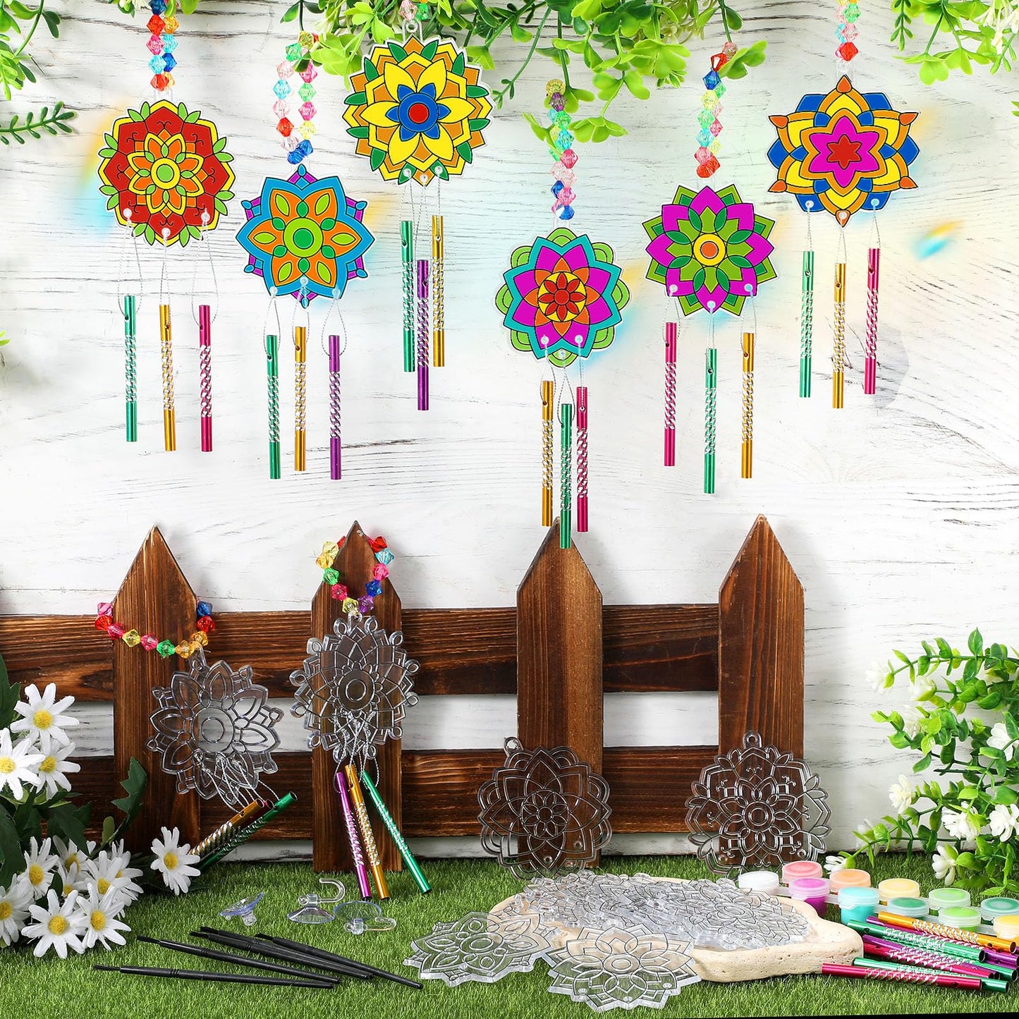VioraWhite 24 Sets Christmas Mandala Suncatchers Wind Chimes Window Art Kits, Xmas DIY Sun Catchers Bulk Ornaments Painting Craf