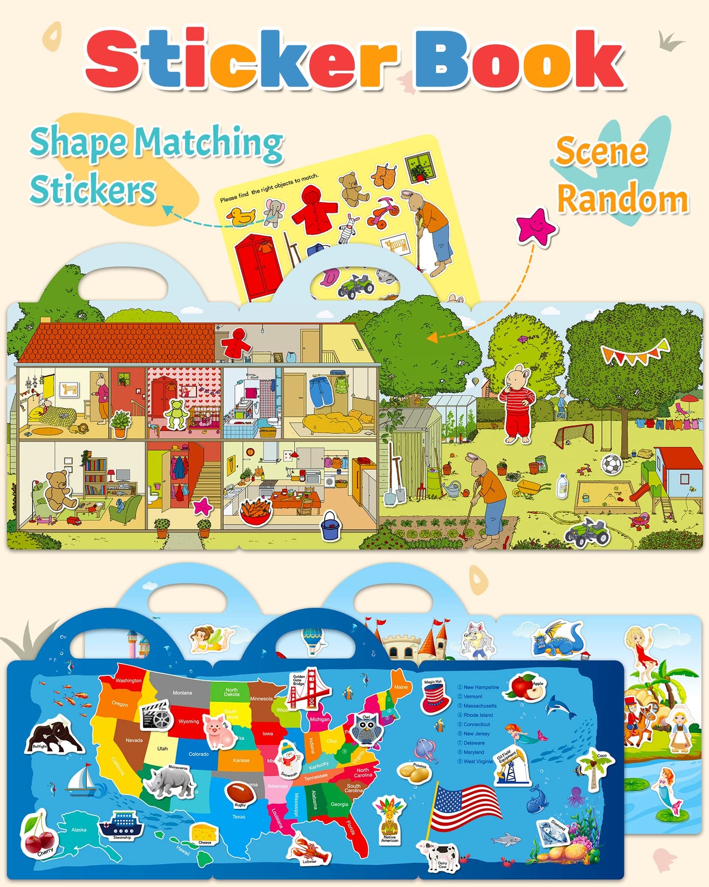 Benresive Reusable Sticker Books For Kids 2-4, Sticker Books For Toddlers 1-3, Toddler Sticker Book Age 2-4, Toddler Travel Toys Activities Crafts Gifts - America Map, Fairy, My House