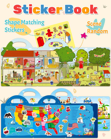 Benresive Reusable Sticker Books For Kids 2-4, Sticker Books For Toddlers 1-3, Toddler Sticker Book Age 2-4, Toddler Travel Toys Activities Crafts Gifts - America Map, Fairy, My House