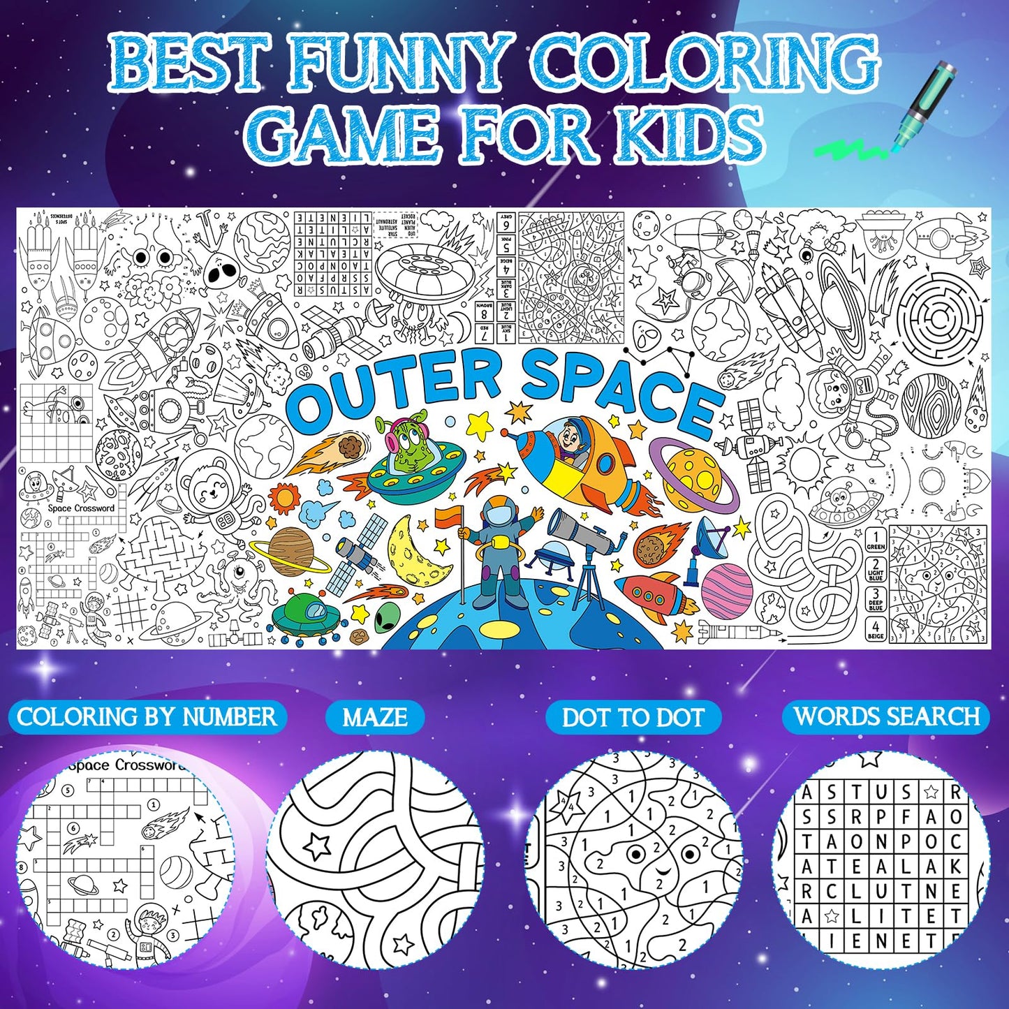 Outer Space Giant Coloring Poster For Kids 30 X 72 Inch, Space Large Coloring Poster Tablecloth, Outer Space Themed Color-In Act