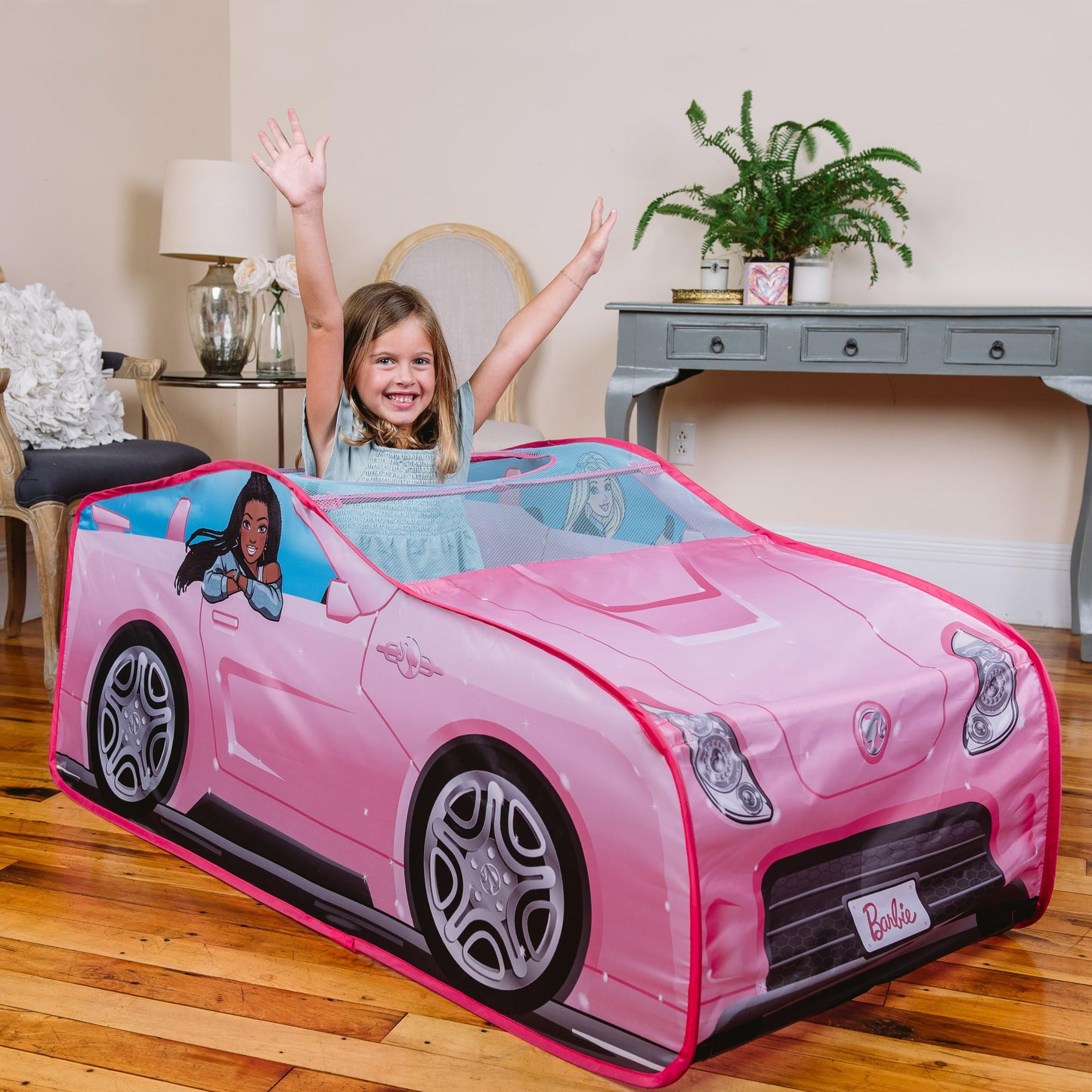 Barbie Convertible Pop Up Tent - Pink Princess Playhouse Car Toy with Sounds & Key Fob, Indoor and Outdoor Play