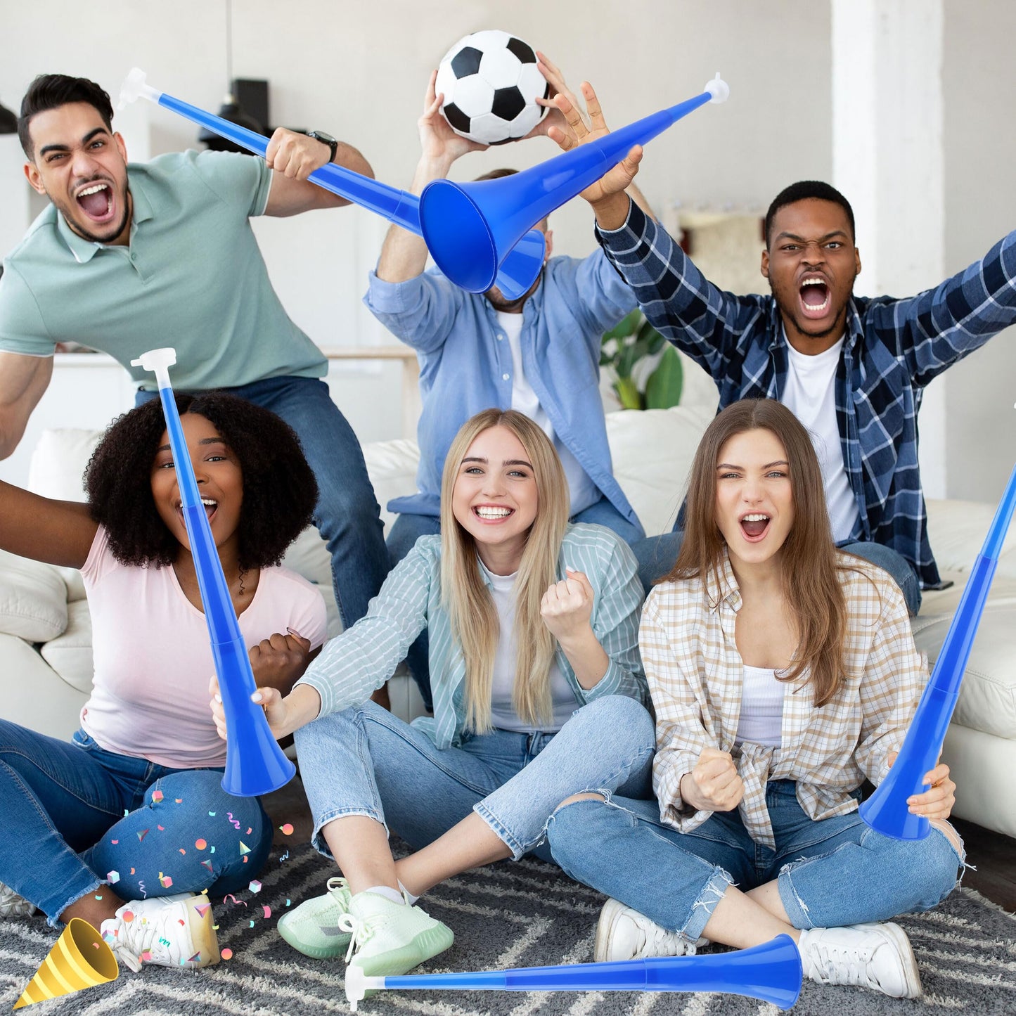Cagemoga 6 Pieces Collapsible Stadium Horn 24 Inch Plastic Trumpet Horn Stadium Horn Noise Maker For Sporting Events Sports Themed Party Supplies (Blue)