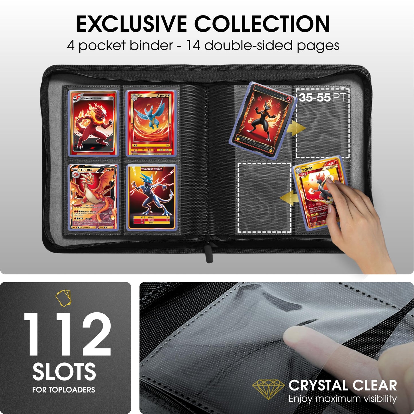 FORZAROCKET 4-Pocket Small Binder for Toploaders - Holds 112 Top Loaders  Ringless  Waterproof PU Leather  for Sports & Trading Cards (Navy Blue)