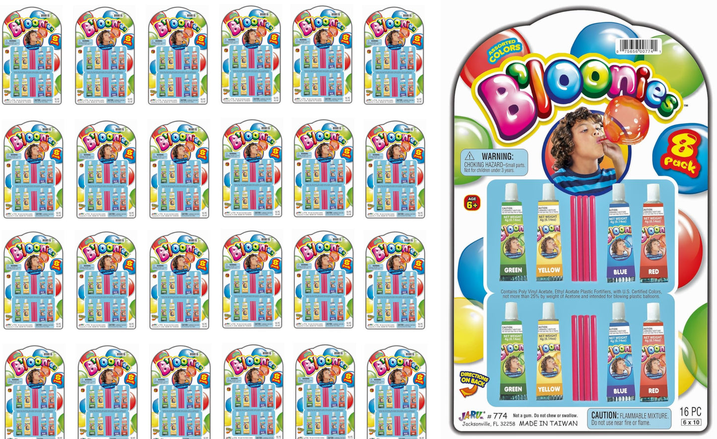 JA-RU Original Bloonies Plastic Bubbles Kids Toys (24 Pack, 192 Tube) Blow up Balloons w/Straw. Retro Classic Fidget Toy Pack. B