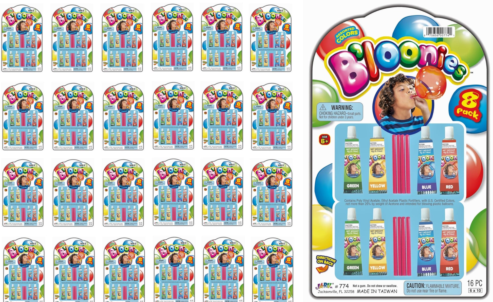 JA-RU Original Bloonies Plastic Bubbles Kids Toys (24 Pack, 192 Tube) Blow up Balloons w/Straw. Retro Classic Fidget Toy Pack. B