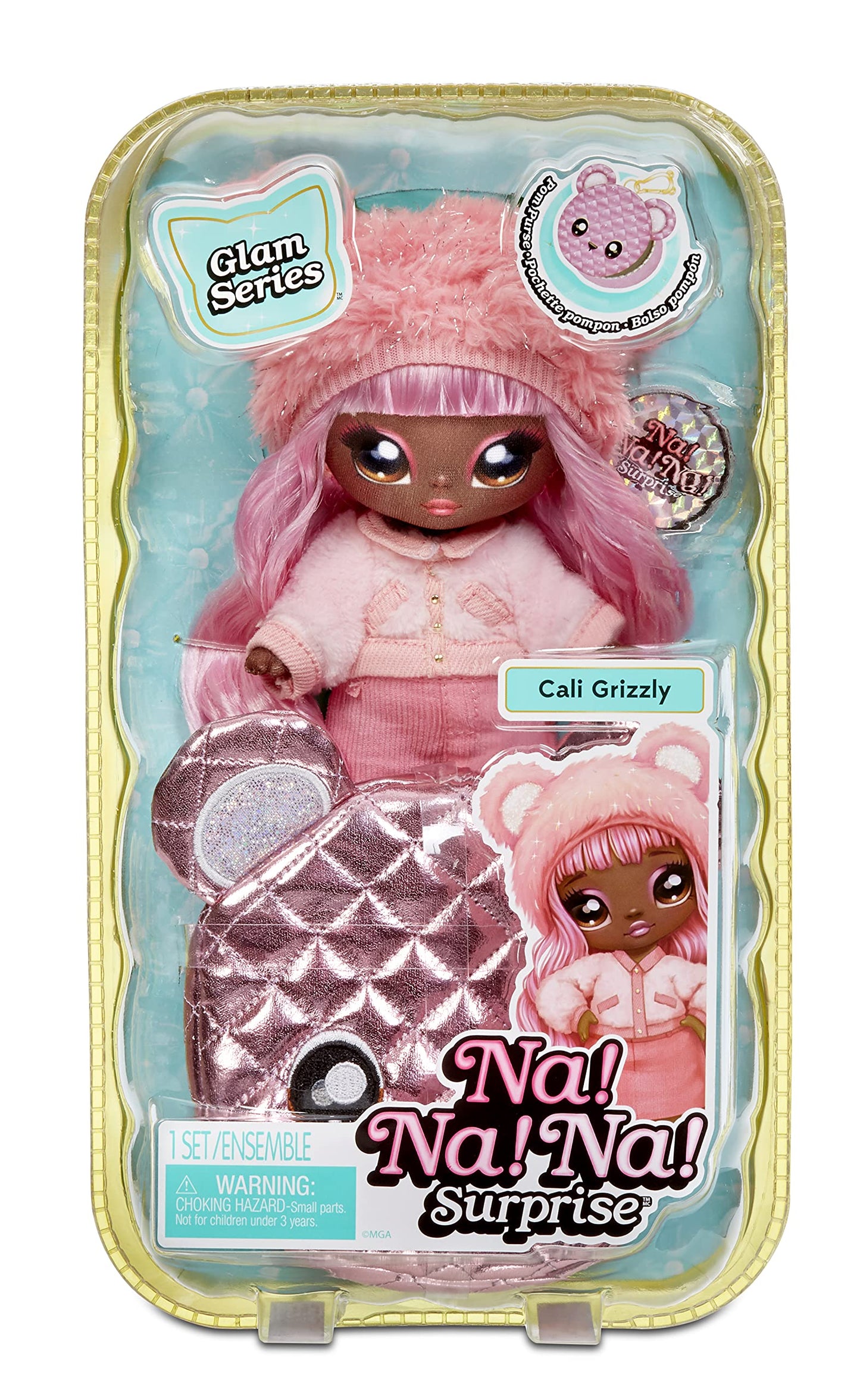 Na! Na! Na! Surprise Glam Series Cali Grizzly Fashion Doll And Metallic Bear Purse, Pink Hair, Cute Fuzzy Hat Outfit & Accessories, 2-In-1 Kids Gift, Toy For Girls And Boys Ages 5 6 7 8+ Years