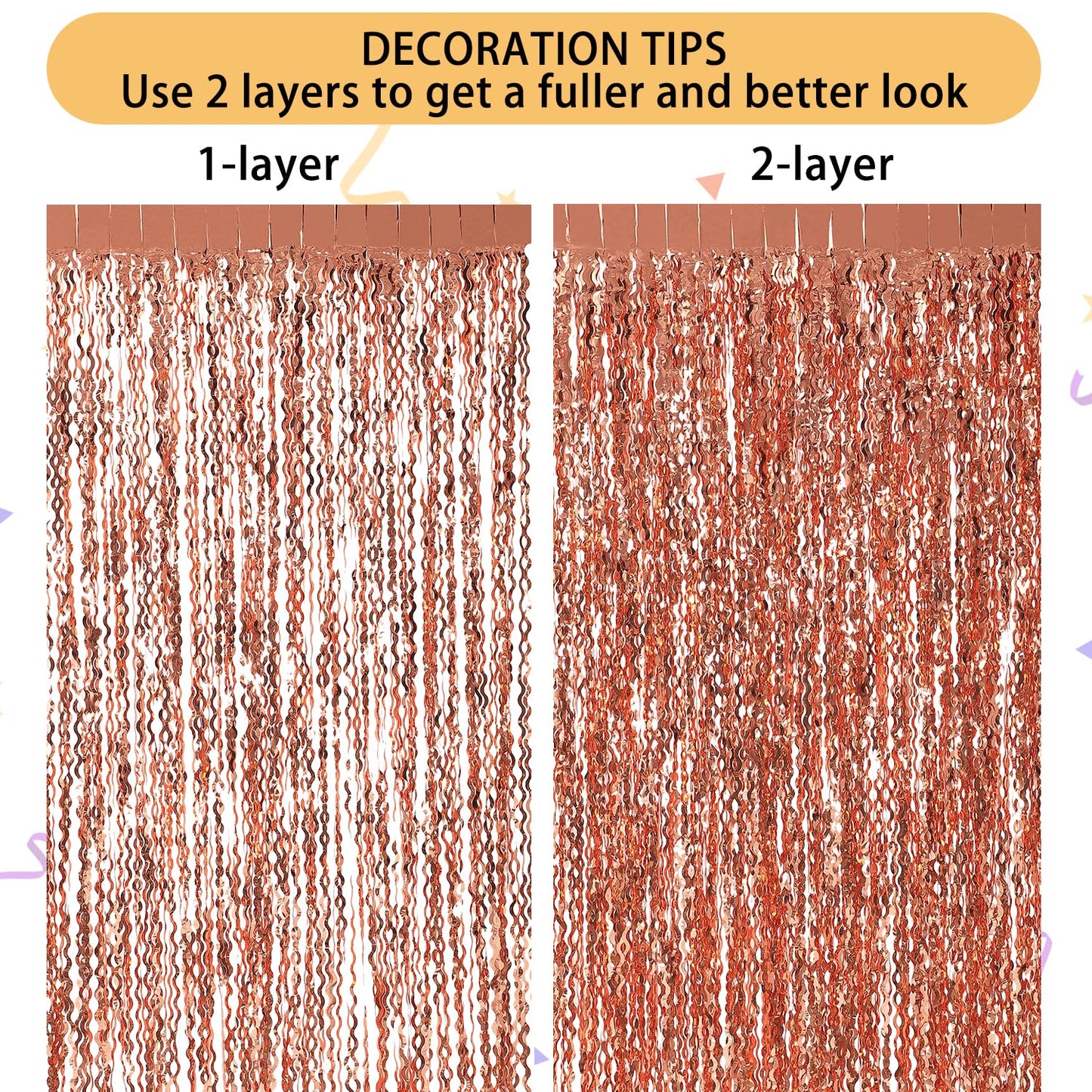 CYLMFC Wavy Rose Gold Fringe Curtain - 3.3 ft x 6.6 Feet, Pack of 3 | Rose Gold Party Decorations,Rose Gold Streamers,Rose Gold