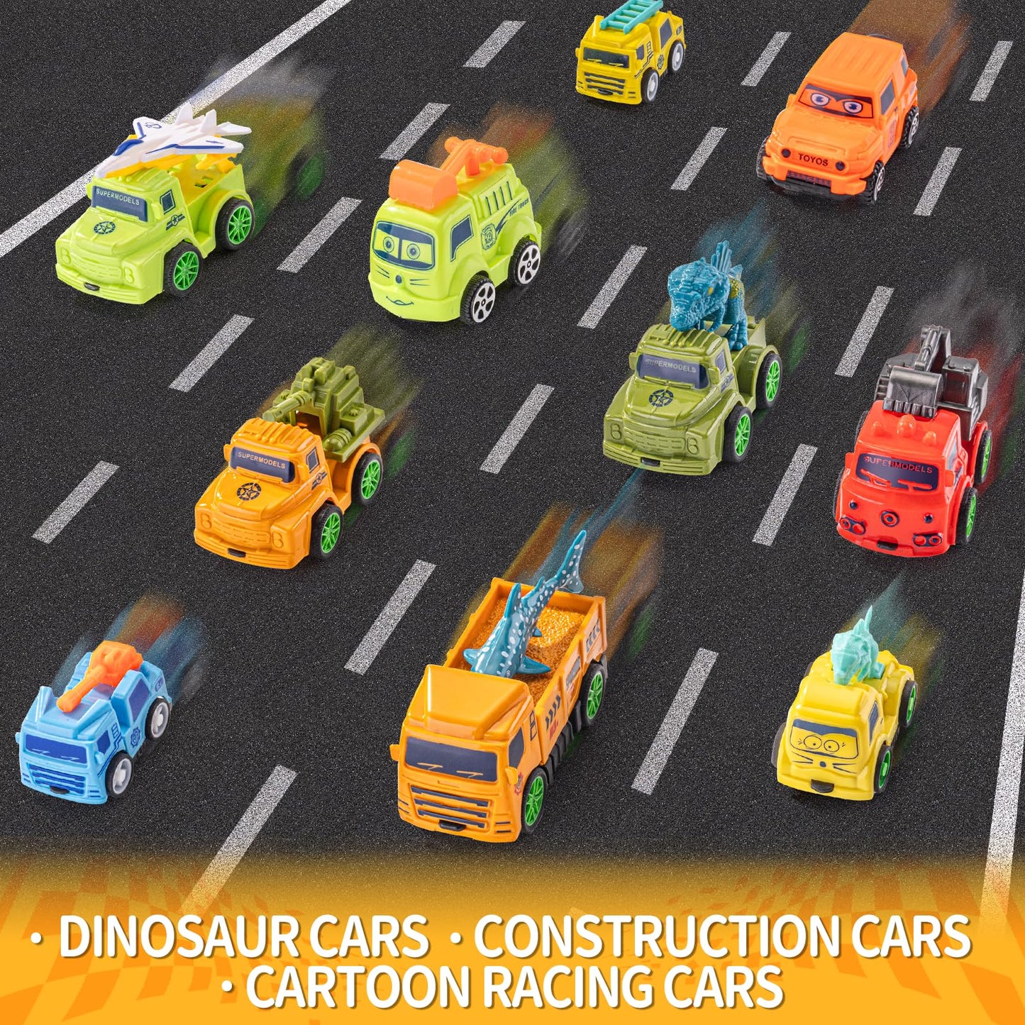 SeventhDuck Mini Cars 14PCS, Pull Back Racing Toy Car Set, Racing Toy Vehicles Mini City Cars with Roadblocks and Characters, Pa