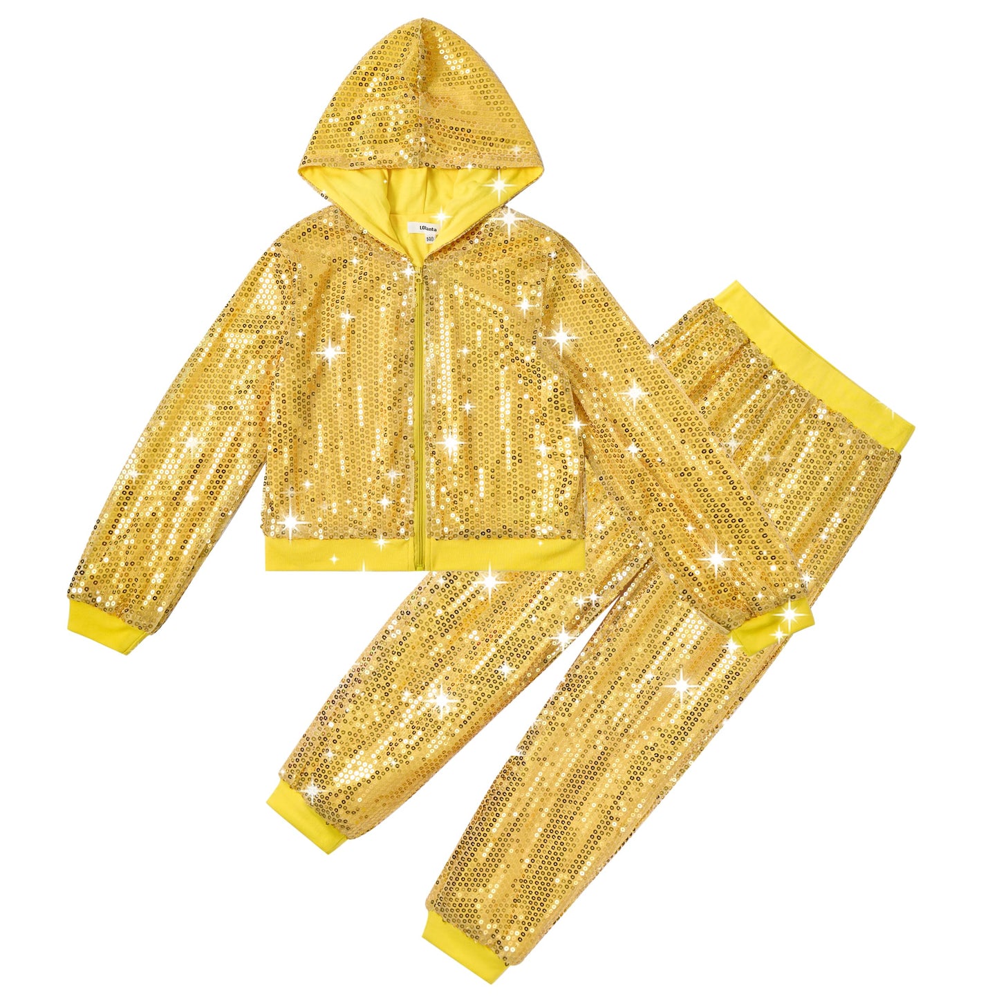 Lolanta Teen Girls Dance Costumes Youth Gold Sweatsuit Set Girls Sequin Outfit For Hip Hop Dance (Golden, 14-15 Years)