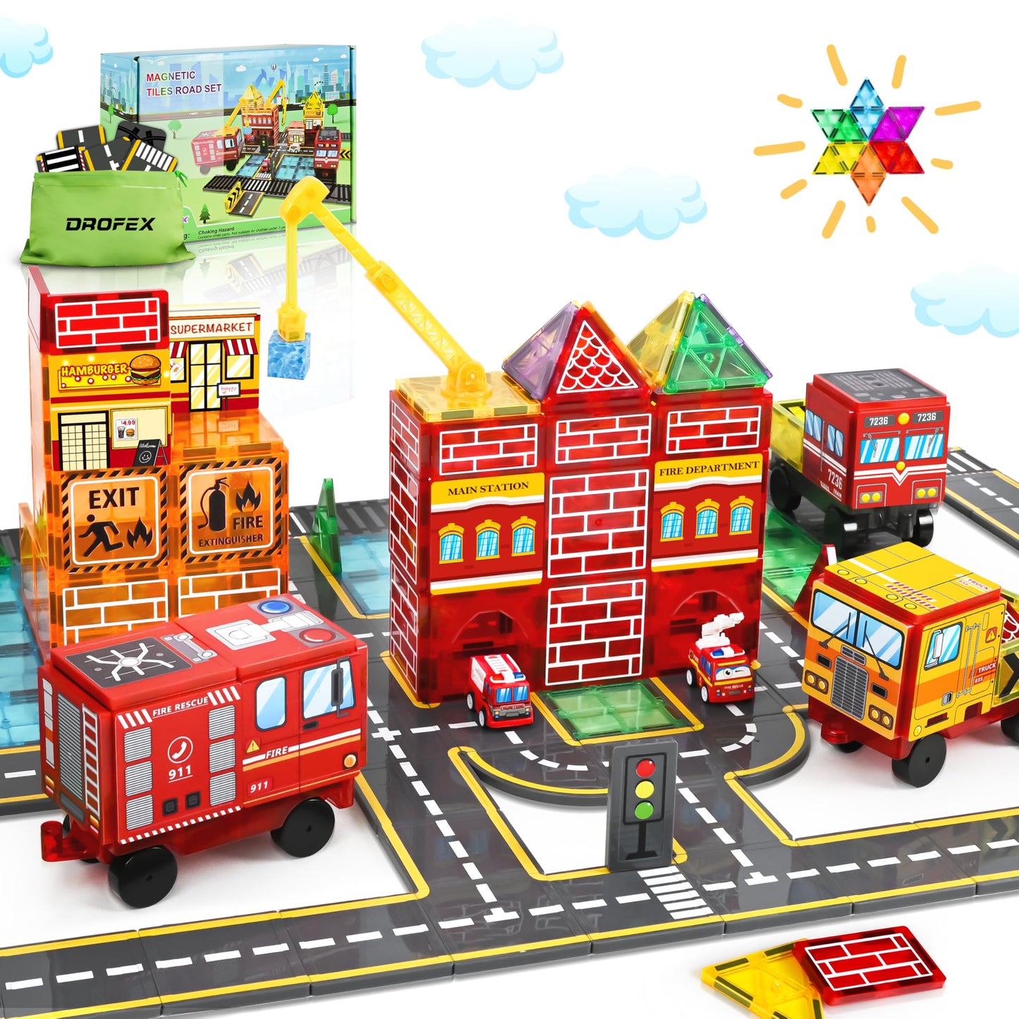 Drofex Magnetic Tiles Road Set With Fire Truck And Magnetic Crane, Creative Construction Toys For Kids Ages 3-12, Boys & Girls,