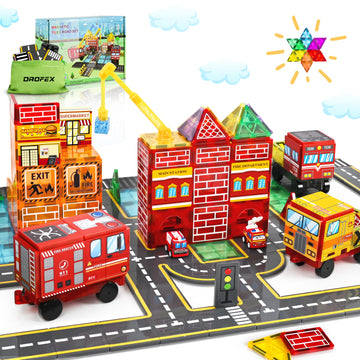 Drofex Magnetic Tiles Road Set With Fire Truck And Magnetic Crane, Creative Construction Toys For Kids Ages 3-12, Boys & Girls,