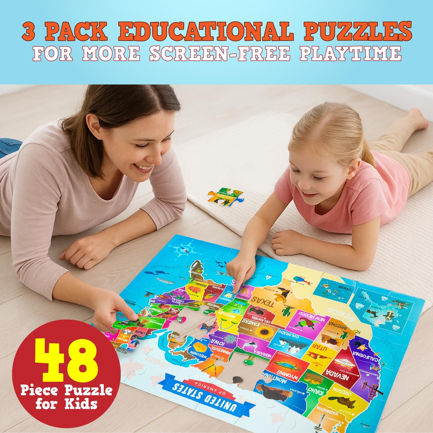 Only Zest Educational Floor Puzzles 3 Pack - World Map Puzzles for Kids Ages 4-8, United States Puzzle & Solar System Set, 48 Ju