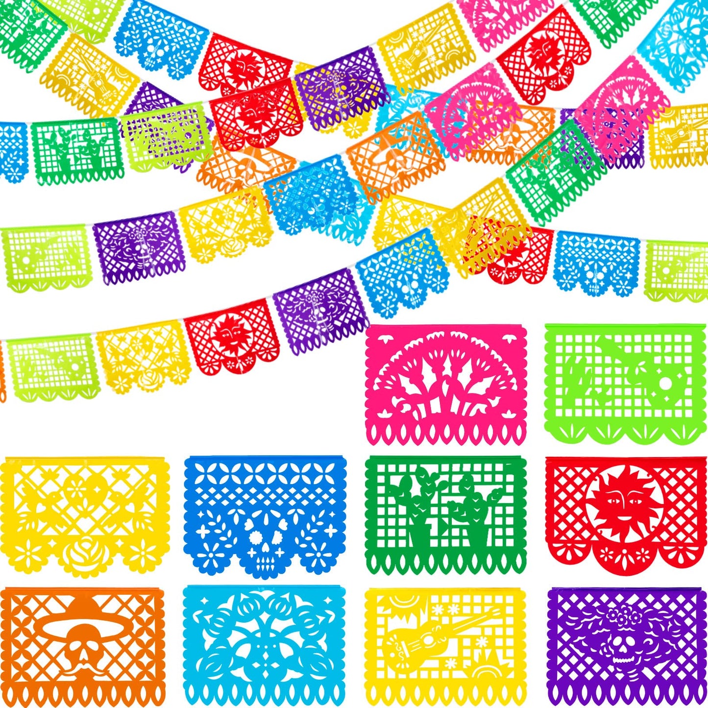 Zhanmai 5 Packs Mexican Party Banners, Papel Picado Banner Set, 10 Patterns, 80 ft, Plastic, Rectangular, Multi Colored, Fiesta,