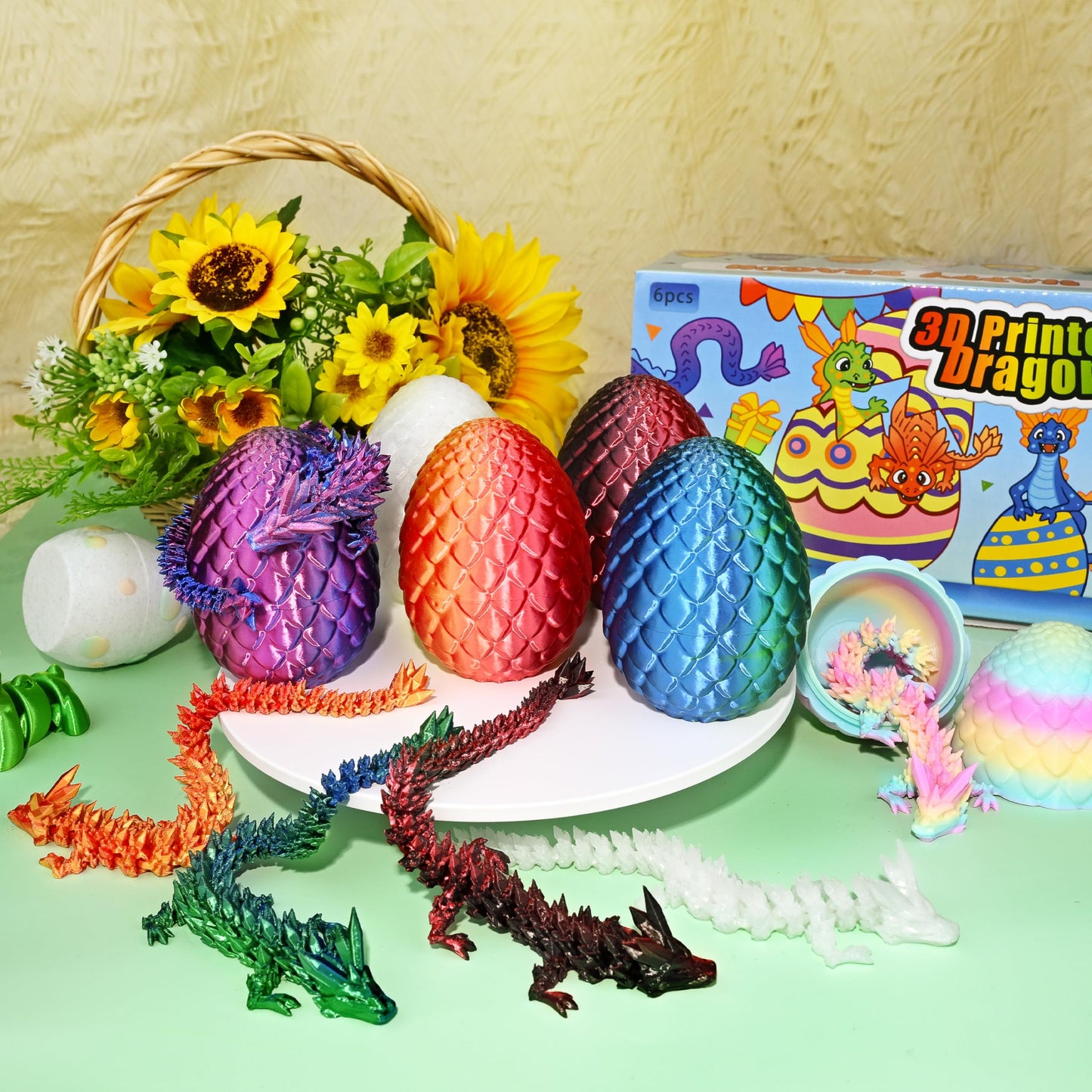 Impossmaker 6Pcs 3D Printed Easter Dragon Eggs With 3D Printed Dragon Inside, Easter Basket Stuffers Mini Dragon Egg Set Articul
