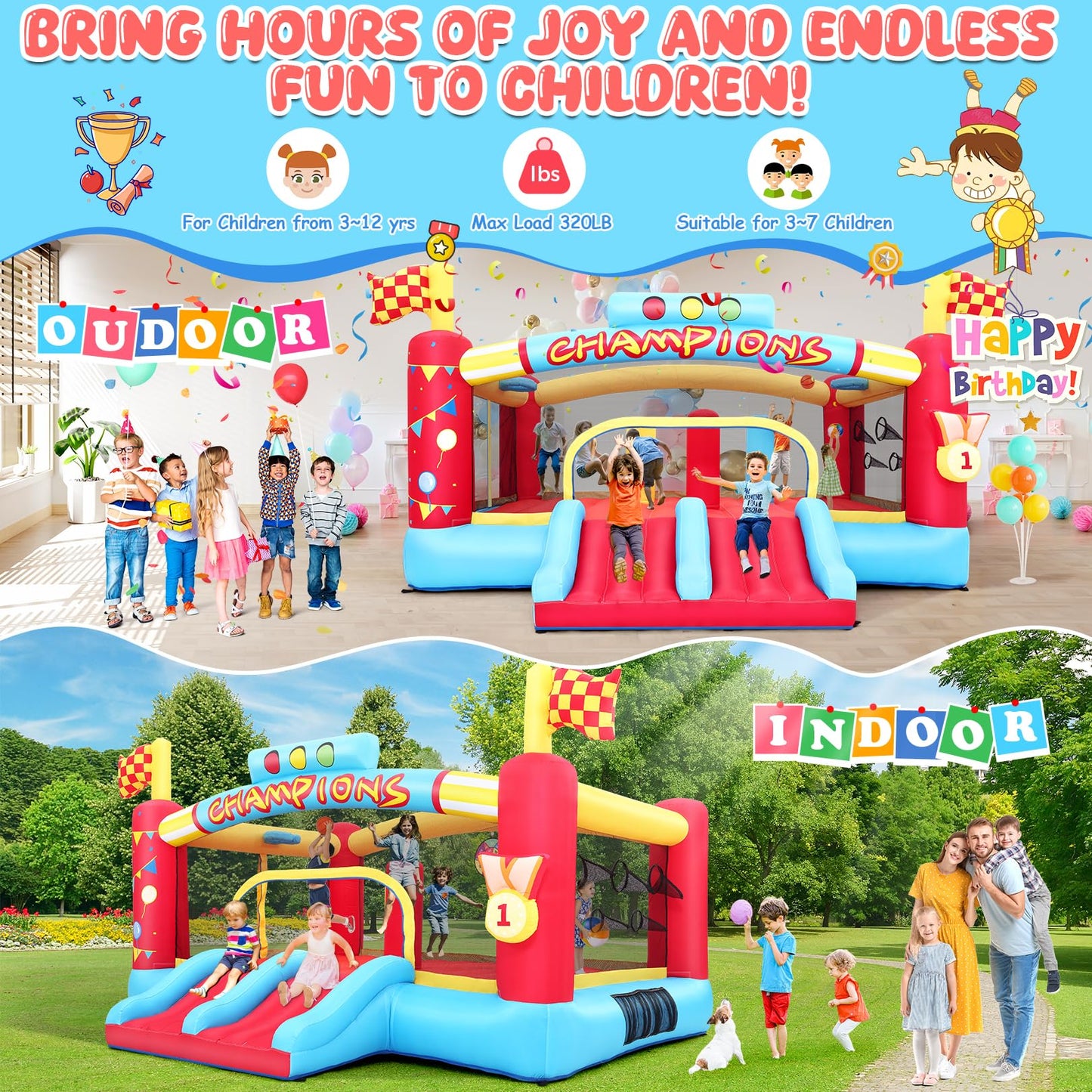AKEYDIY Inflatable Obstacle Course Bounce House for Kids  13.12FT x 11.16FT Racing Party Bouncy House for Kids 3-12 w/Large Jumping Area  Basketball Hoop & Racing Slide  Target Toss Game  550W Blower
