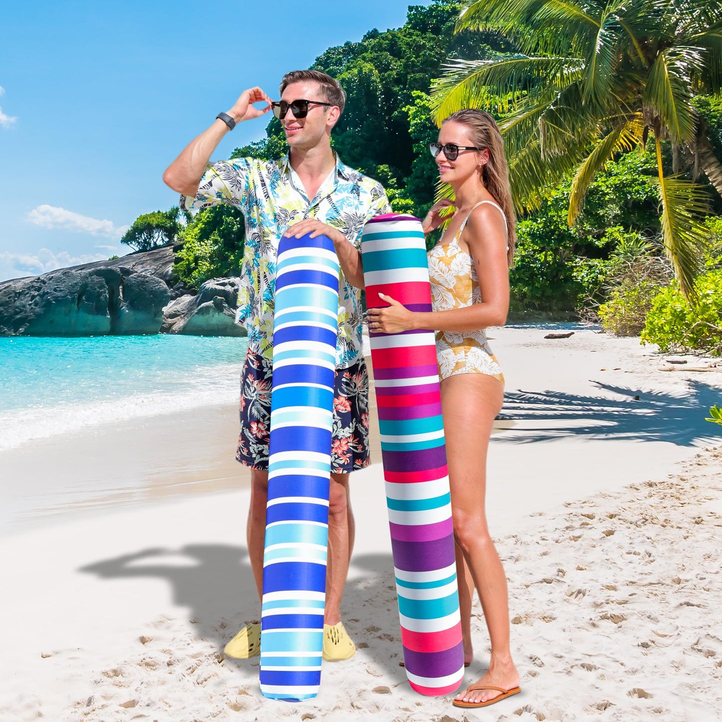 FindUWill 2 Pack Inflatable Swim Pool Noodles  Pool Noodles Floats for mature-themeds  Soft Fabric Covered Large Swim Noodles for Lake  Beach (Blue & Purple)