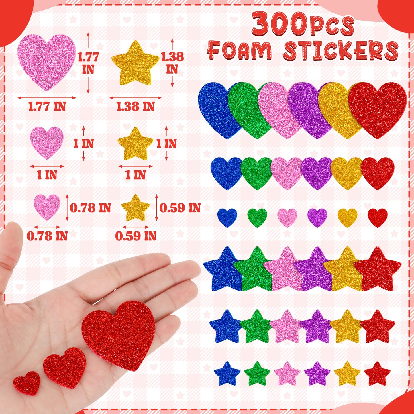 300 PCS Valentines Stickers, Foam Heart Stickers, Glitter Valentine Decor, Self-Adhesive Star Heart Stickers for Kids in Purple