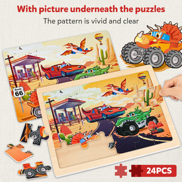 Synarry Large Wooden Monster Truck Puzzles For Kids Gift Box(12.2*9.4 In) - Fsc Certified, 24 Piece Puzzles For Toddlers 3-5, Wood Puzzles For Kids Ages 4-6, Toys Gifts For 3 4 5 6 Year Old Boys Girls