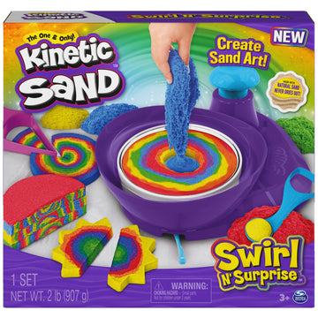 Kinetic Sand, Swirl N Surprise Playset with 2lbs of Play Sand, Including Red, Blue, Green, Yellow and 4 Tools, Sensory Toys for 