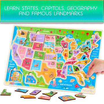 Montessori Mama USA Map Puzzle & World Continents Puzzle - Educational Wooden Toy for Kids, Engaging Learning Activity