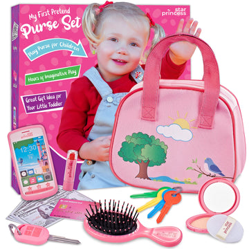 Toddler Play Purse For Kids With Accessories, Purse Toys For Girls With Pretend Makeup, Keys, Smartphone, Dress Up Toy Purse For