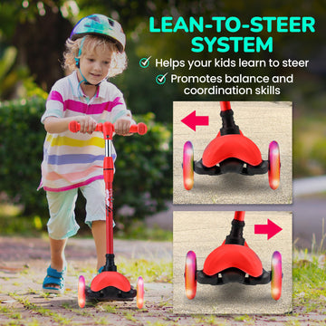 Hurtle Mini Kickboard Scooter for Kids - Height Adjustable 25-28, Lightweight 3-Wheel with LED Light-up Wheels, Anti-Slip,In