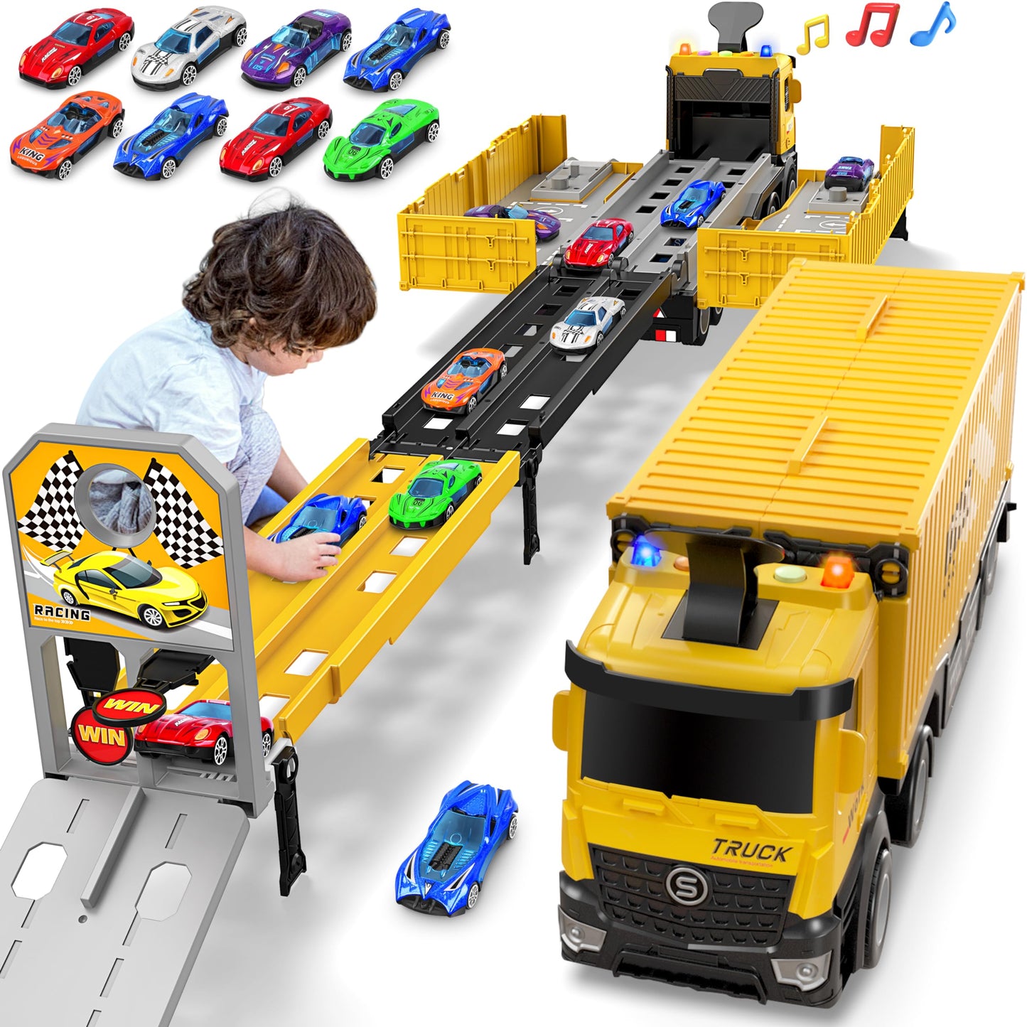 Carrier Truck Race Track Kids Toys, Foldable 3 Layer Car Race Track Playset, Toy Truck Transport Car Carrier & 8 Race Cars, Truck Car Toddlers Toys B-Day Gifts For Age 3 4 5 6+ Years Old Boys Girls
