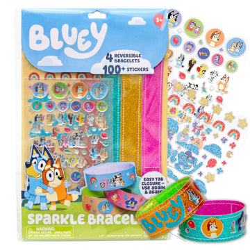 Bluey Sparkle Bracelet Making Kit, 4 Reversible Bracelets with Easy Closure, 100+ Traditional and Puffy Resin Stickers, DIY Blue