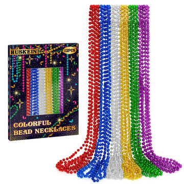 12 Pcs Mardi Gras Beads Necklaces, 33'' Metallic 6 Kinds Color Beaded Stuff Set, Festival Parade Throws, Colorful Assorted Carni