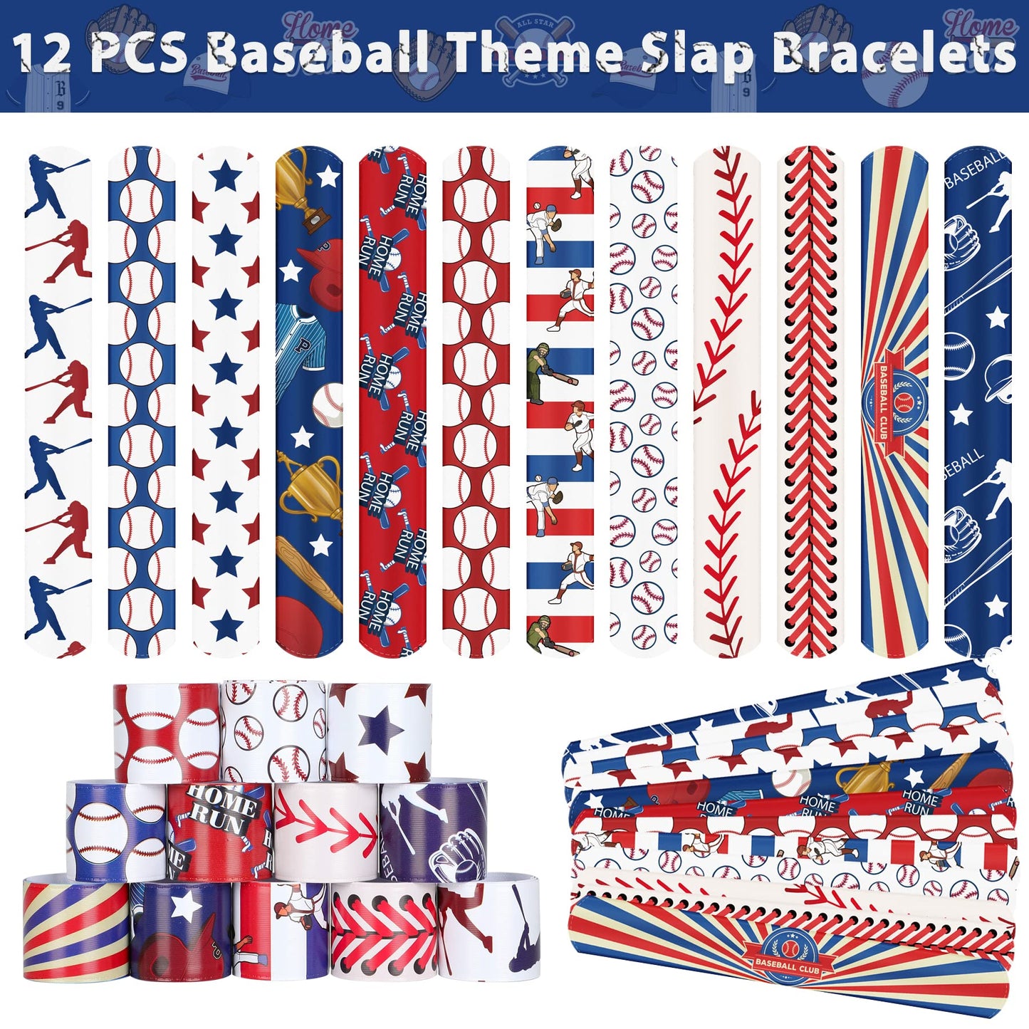 Erweicet Baseball Party Favors Set 72 PCS Baseball Slap Straws Silicone Bracelets Tattoo Stickers Mini Bouncy Balls Toy for Good