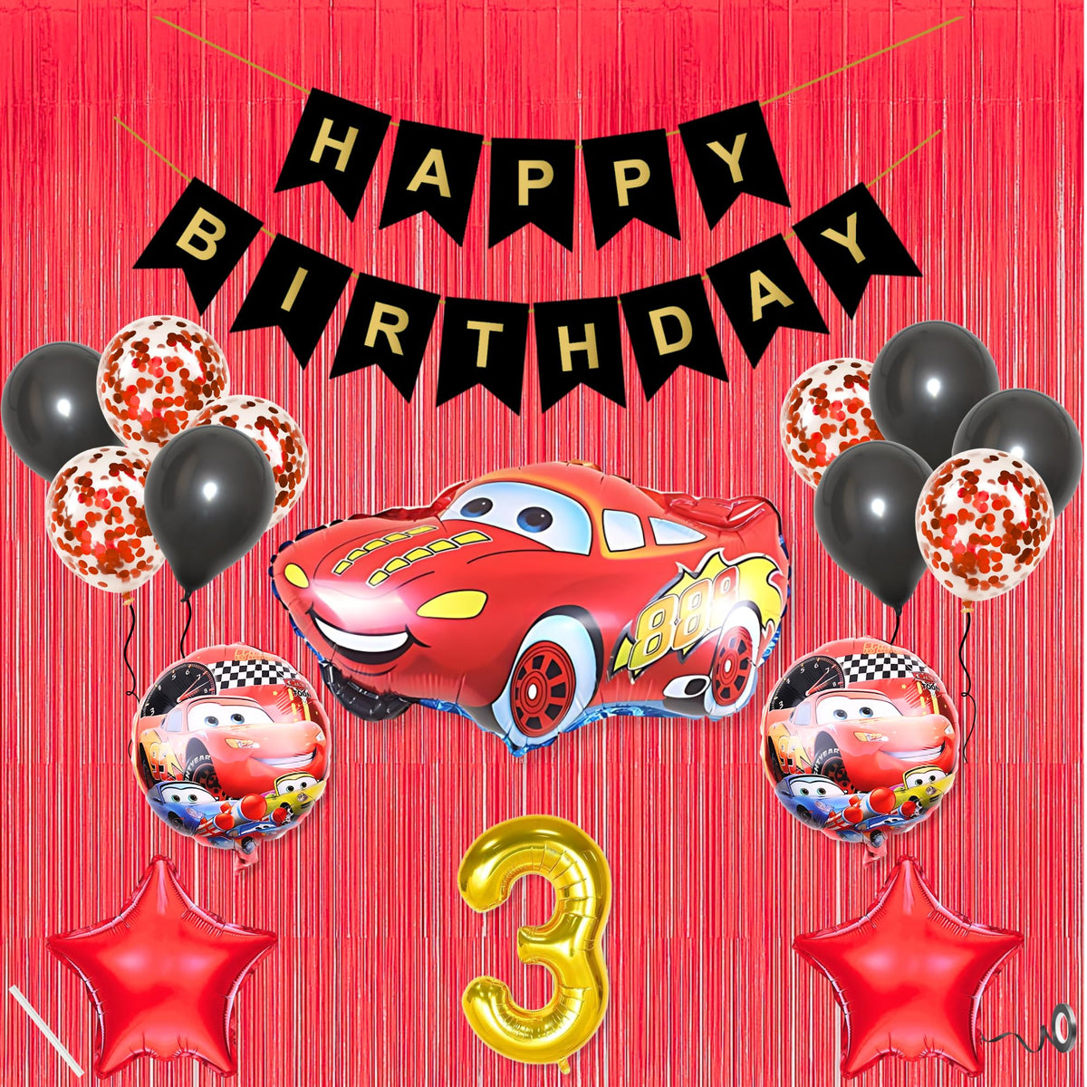 3Rd Car Theme Happy Birthday Banner Decoration Black For 3 Year Old Baby Boys Girls Kids 5 Pc Lightning Macqueen Theme 10 Pc Con