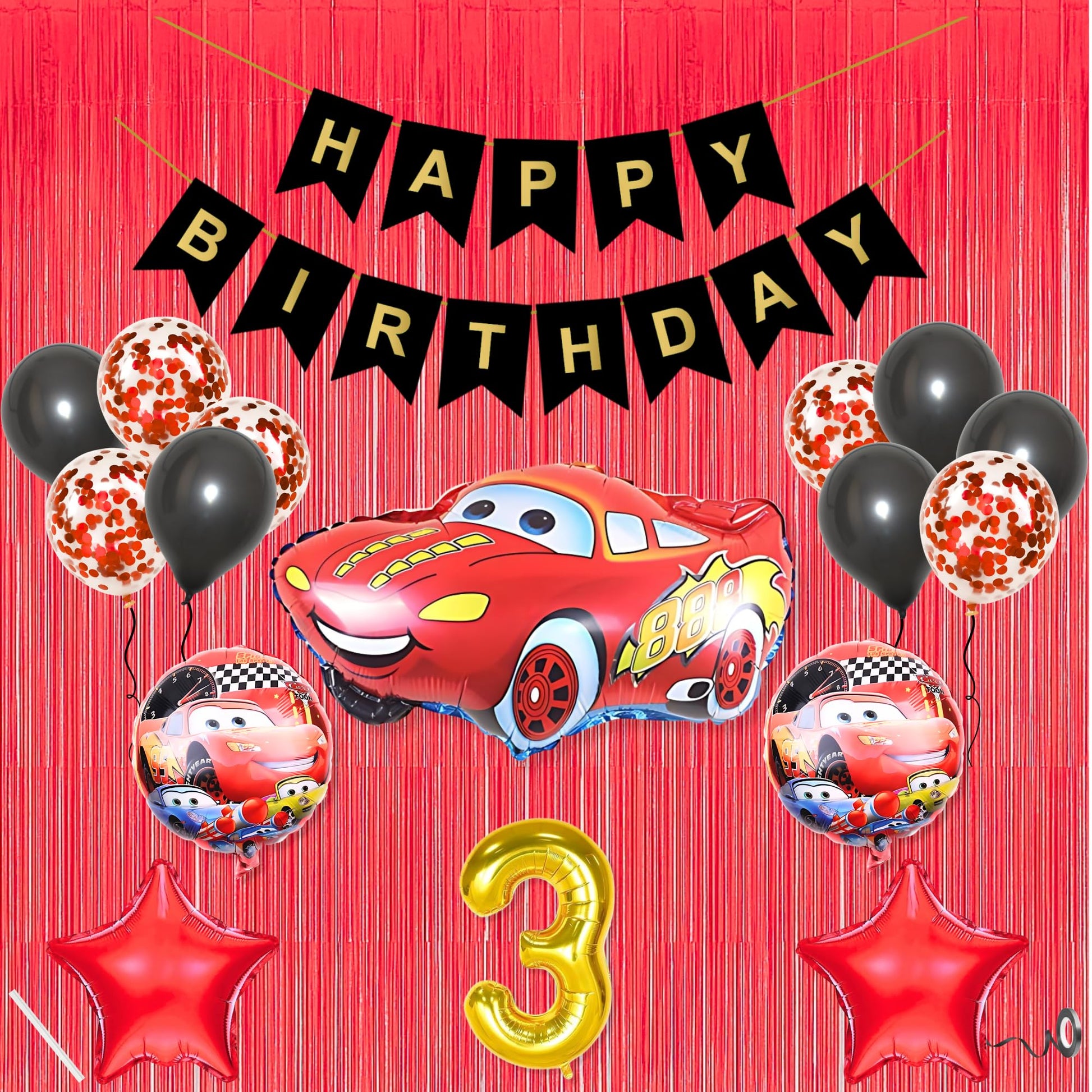 3Rd Car Theme Happy Birthday Banner Decoration Black For 3 Year Old Baby Boys Girls Kids 5 Pc Lightning Macqueen Theme 10 Pc Con